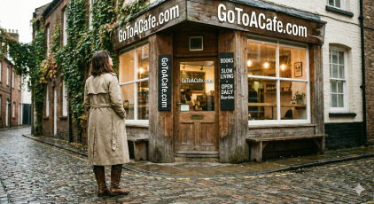 Cozy cafe interior with steaming coffee cup